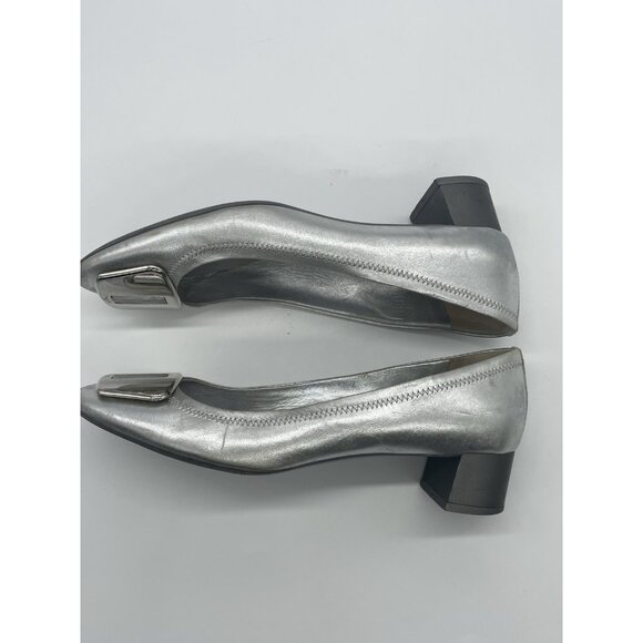PRADA women’s shoes Silver sz 7.5 EU 38 leather Block Heels Pumps Casual Career - Picture 3 of 6